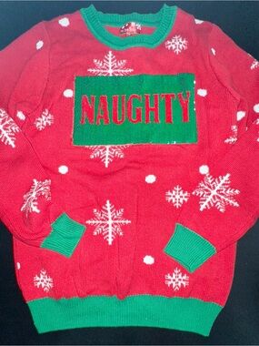 To Be Jolly Naughty Nice Sequin Red & Green Snowflakes Ugly Christmas Sweater